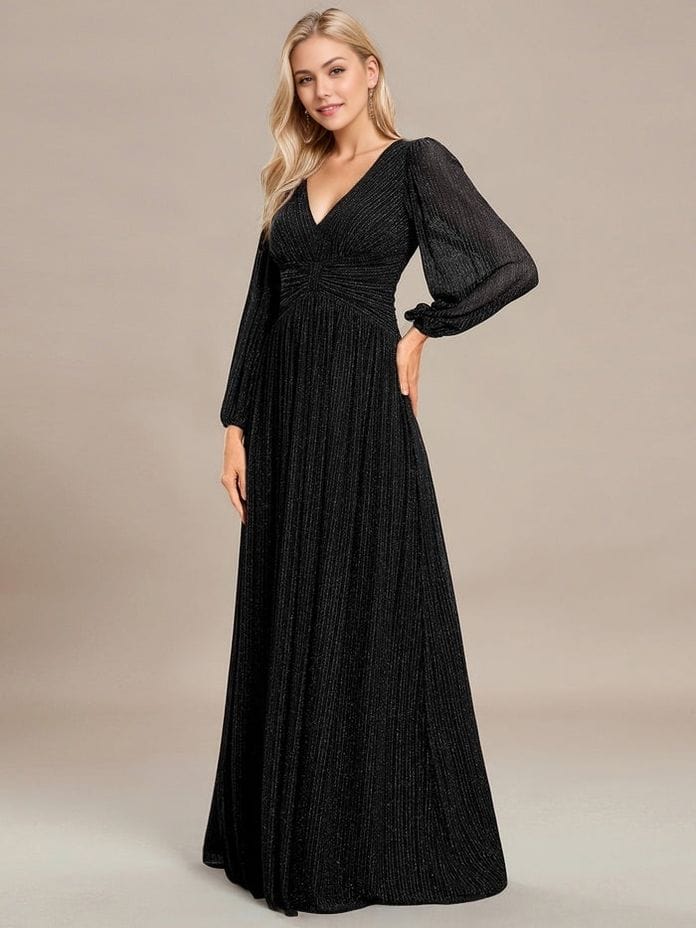 Robe de soirée longue noire manches longues col en V