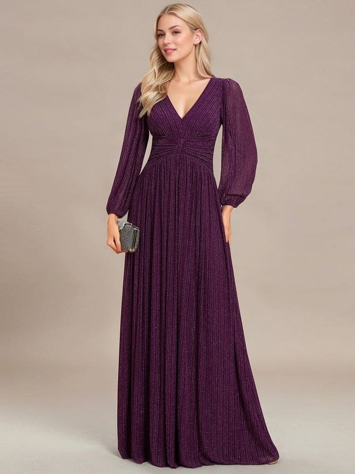 Robe de soirée longue violette manches longues