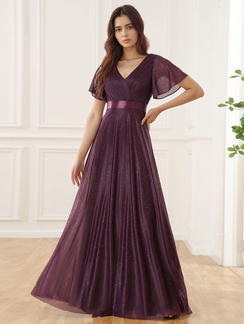 Robe de soirée longue violette scintillante