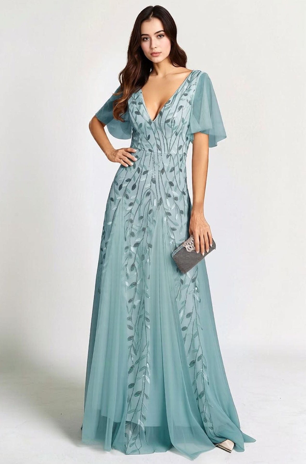 Robe de soirée mariage bleue manches courtes