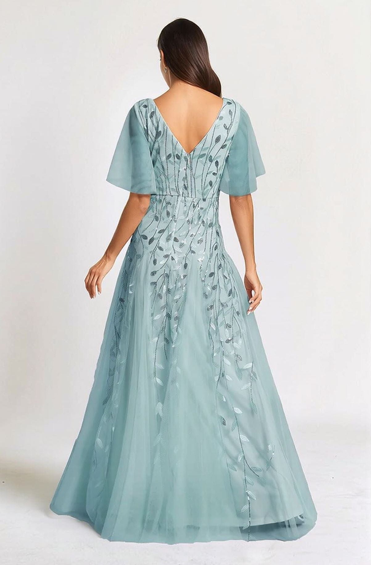 Robe de soirée mariage bleue manches courtes