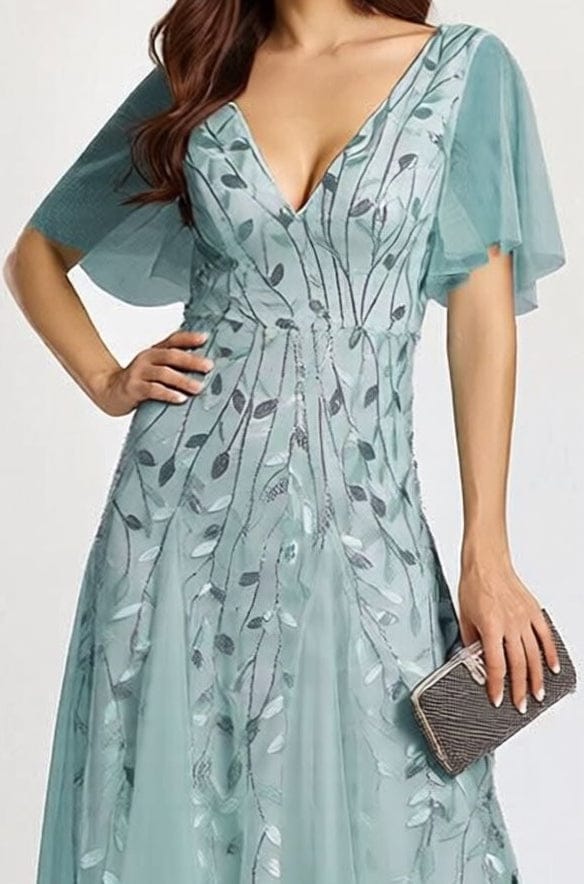 Robe de soirée mariage bleue manches courtes