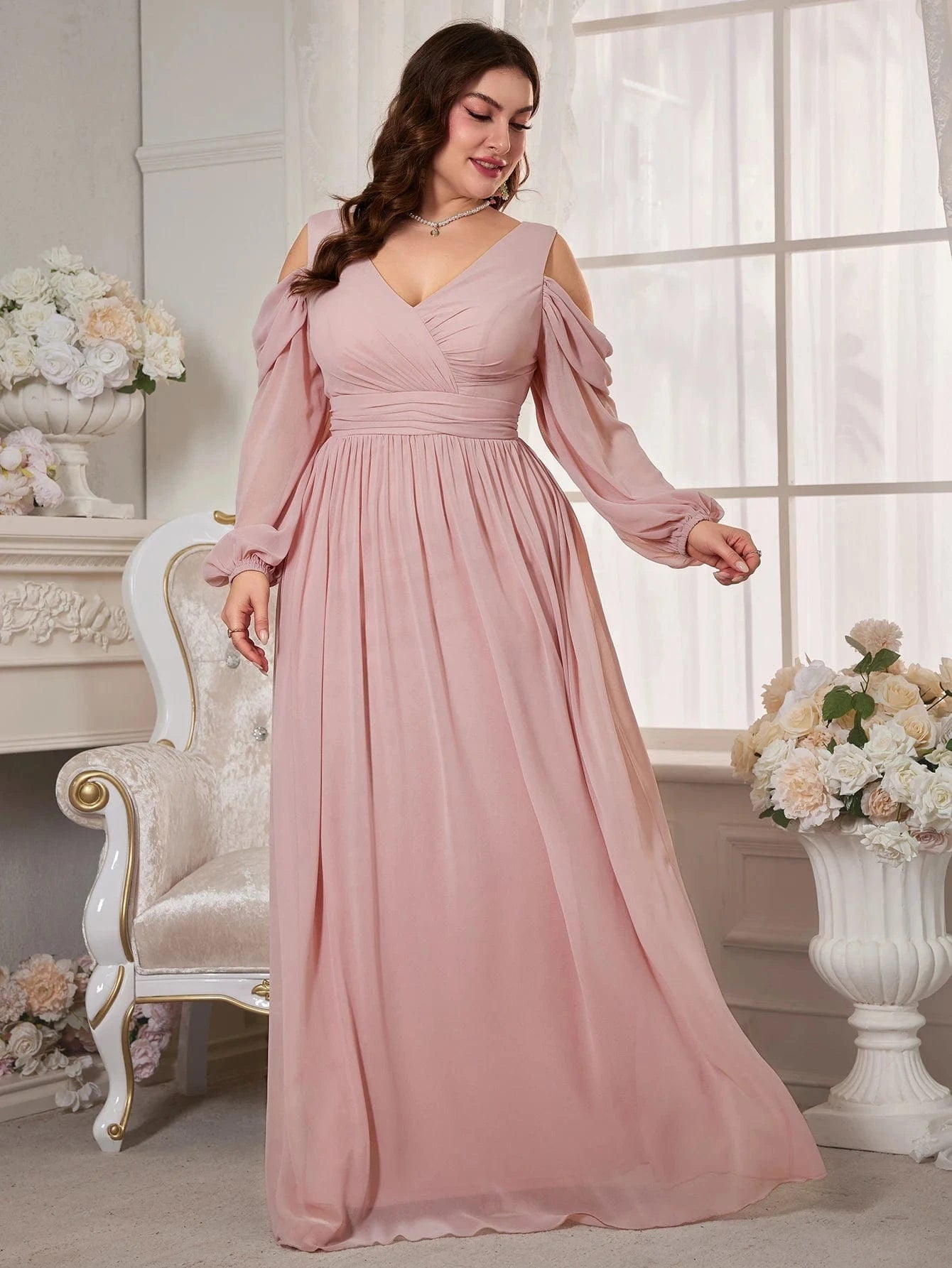 robe soirée mariage grande taille rose poudré chic longue trapèze manches courtes élégante invitée