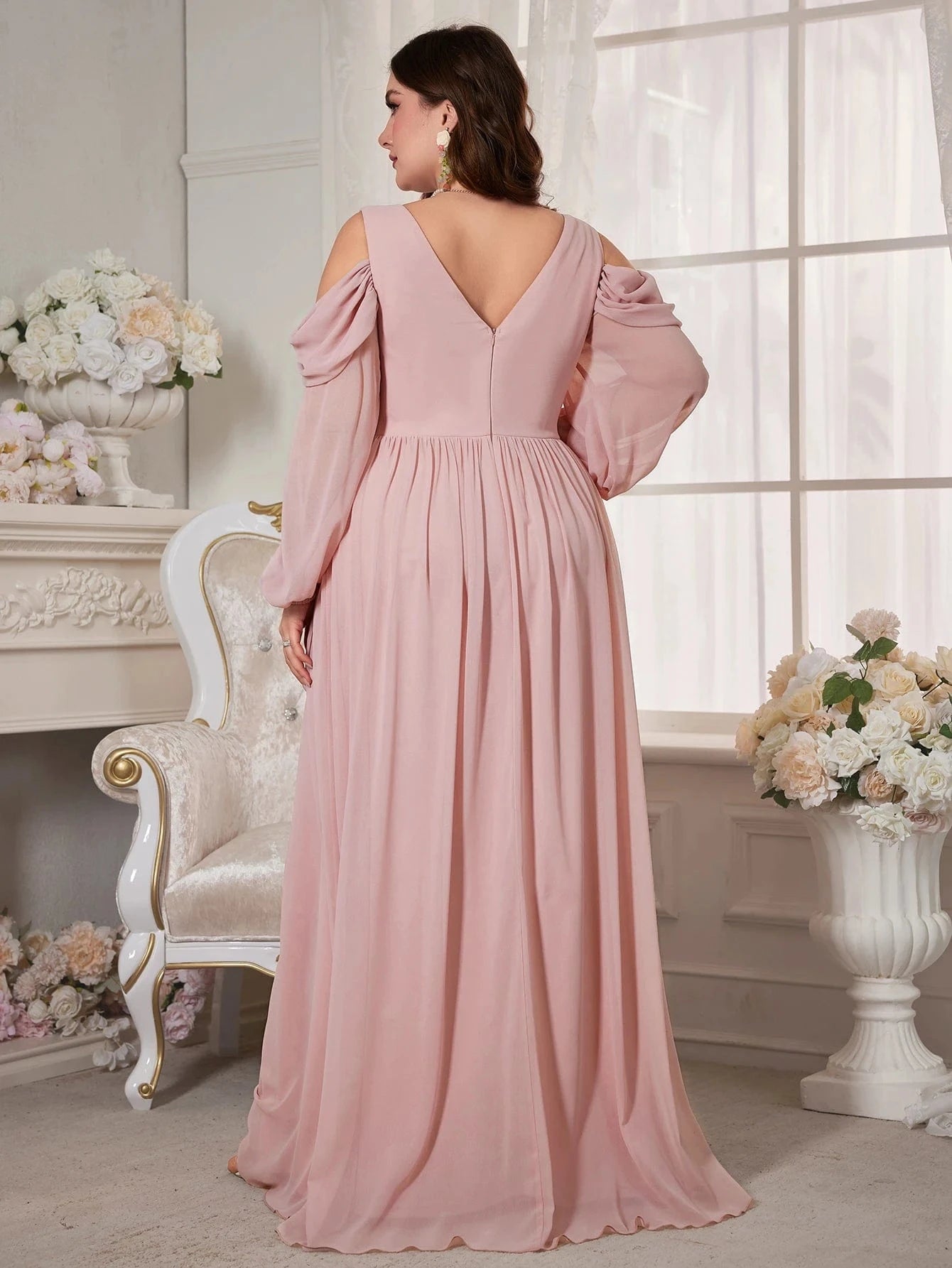 robe de soirée mariage rose poudré grande taille longue trapèze manches courtes élégante et chic