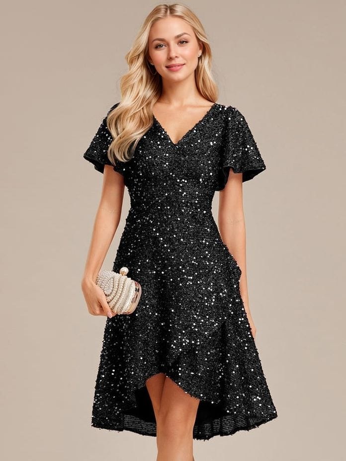 Robe de soirée noire asymétrique à sequins