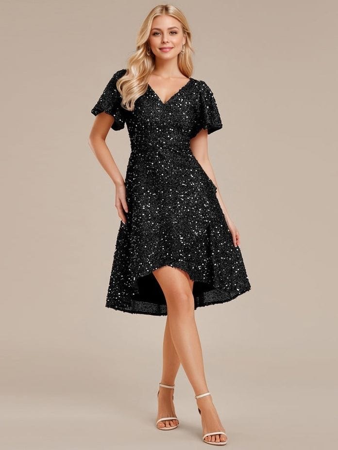Robe de soirée noire asymétrique à sequins