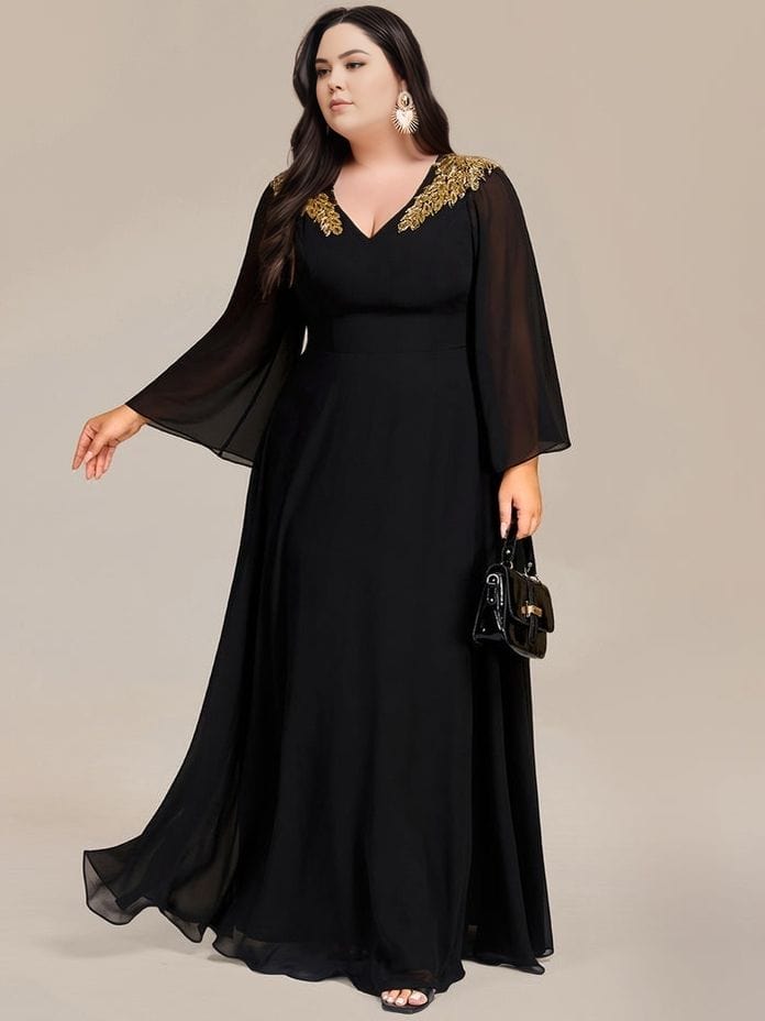 Robe de soirée noire grande taille manches longues évasées