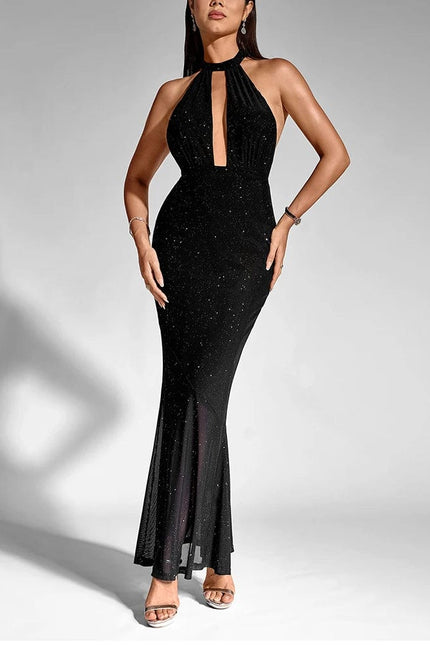 robe de soirée noire longue, moulante; dos nu chic avec paillettes pour mariage ou gala élégant