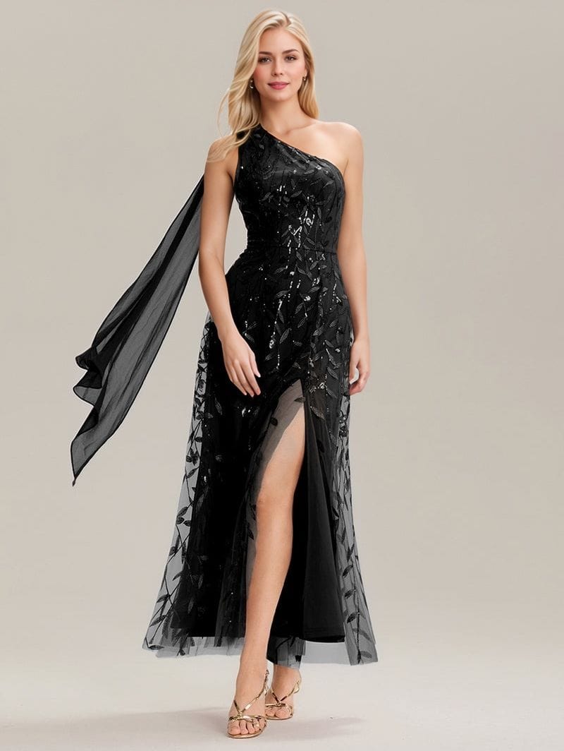 Robe de soirée noire une épaule avec fente