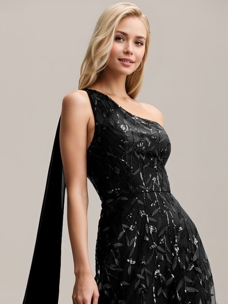 Robe de soirée noire une épaule avec fente