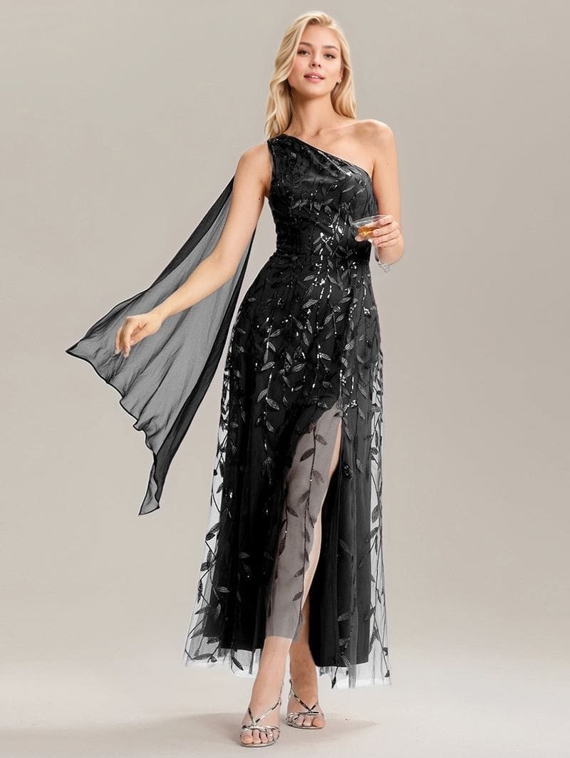 Robe de soirée noire une épaule avec fente