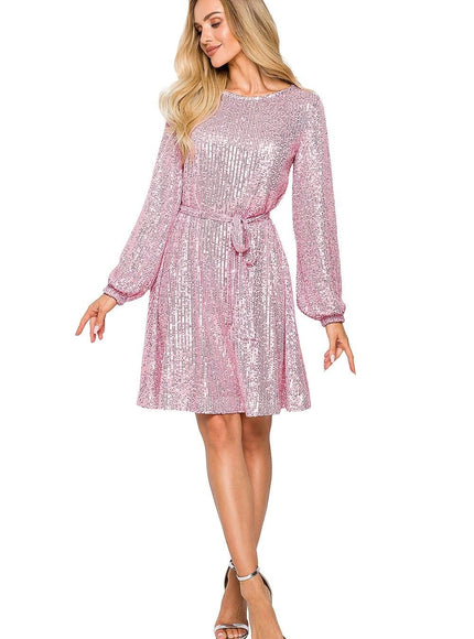 Robe rose paillette soirée midi à manches longues pour une tenue chic et scintillante, idéale pour célébrer des occasions spéciales.