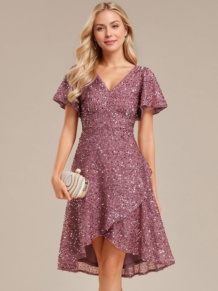 Robe de soirée rose à sequins manches courtes