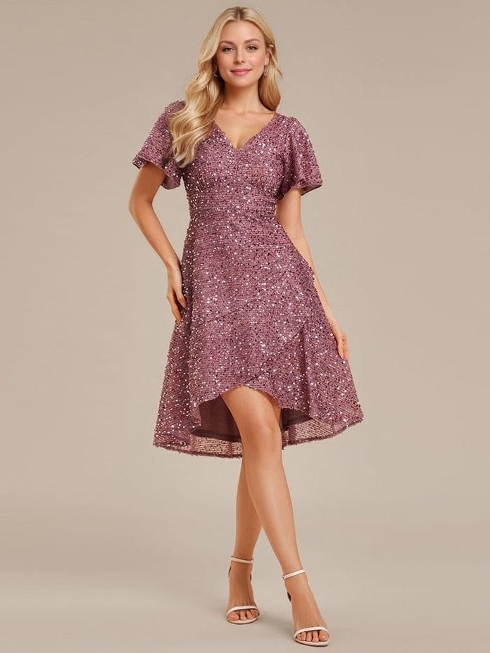 Robe de soirée rose à sequins manches courtes