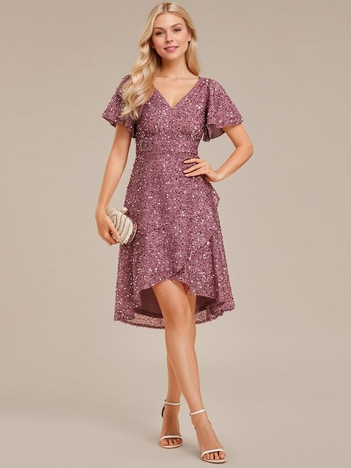 Robe de soirée rose à sequins manches courtes