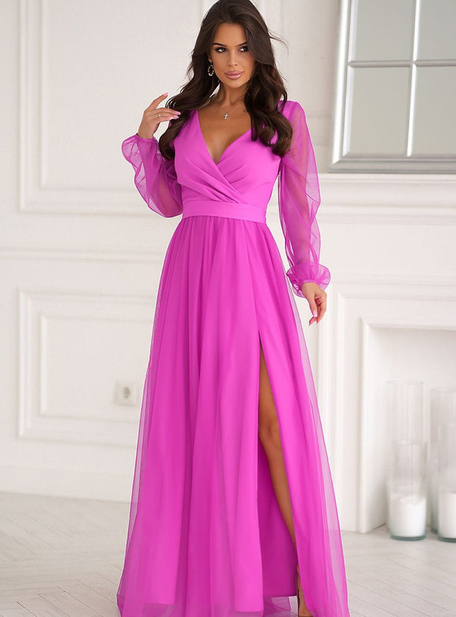 Robe de soirée rose chic fendue manches longues