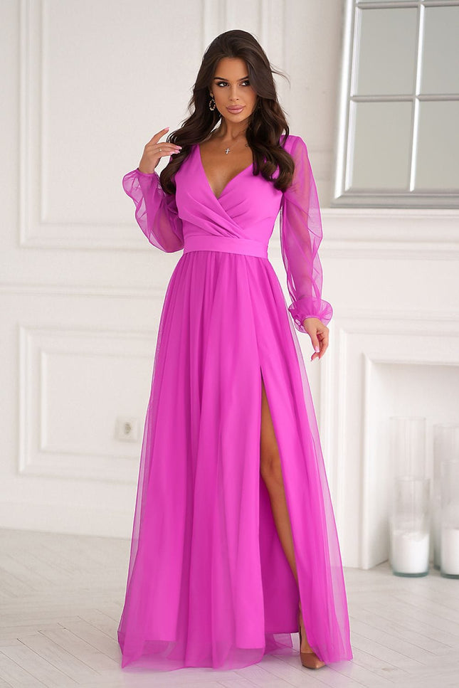 Robe de soirée rose chic fendue manches longues