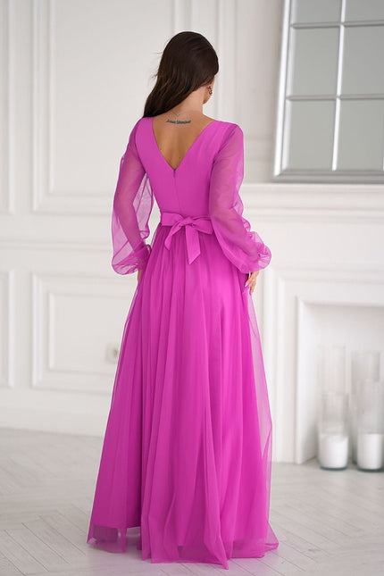 Robe de soirée rose chic fendue manches longues