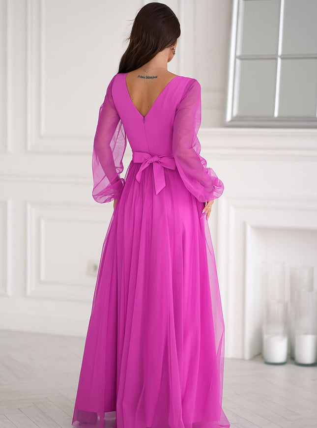 Robe de soirée rose chic fendue manches longues