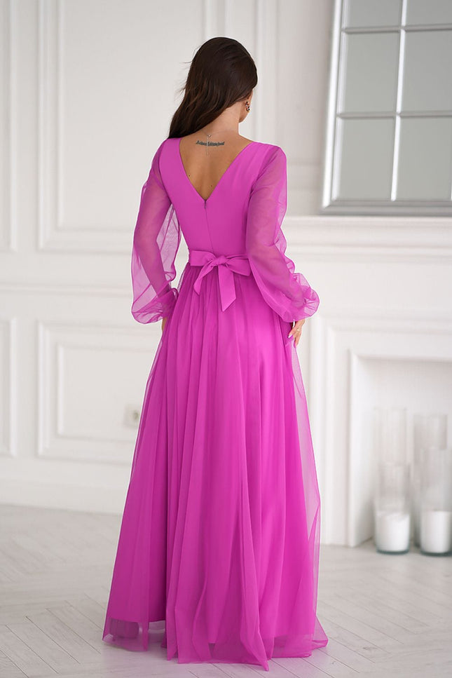 Robe de soirée rose chic fendue manches longues