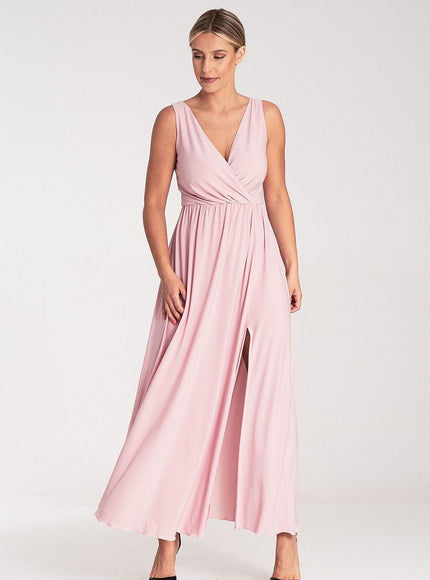 Robe rose poudré longue style élégant pour soirée cocktail avec décolleté en V et sans manches