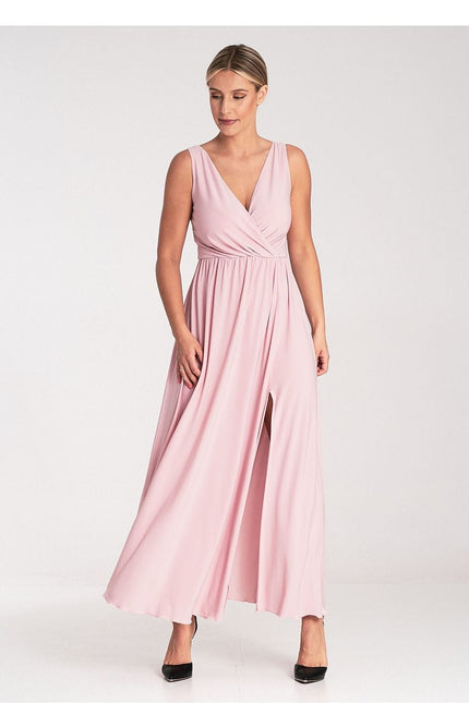 Robe rose poudré longue style élégant pour soirée cocktail avec décolleté en V et sans manches