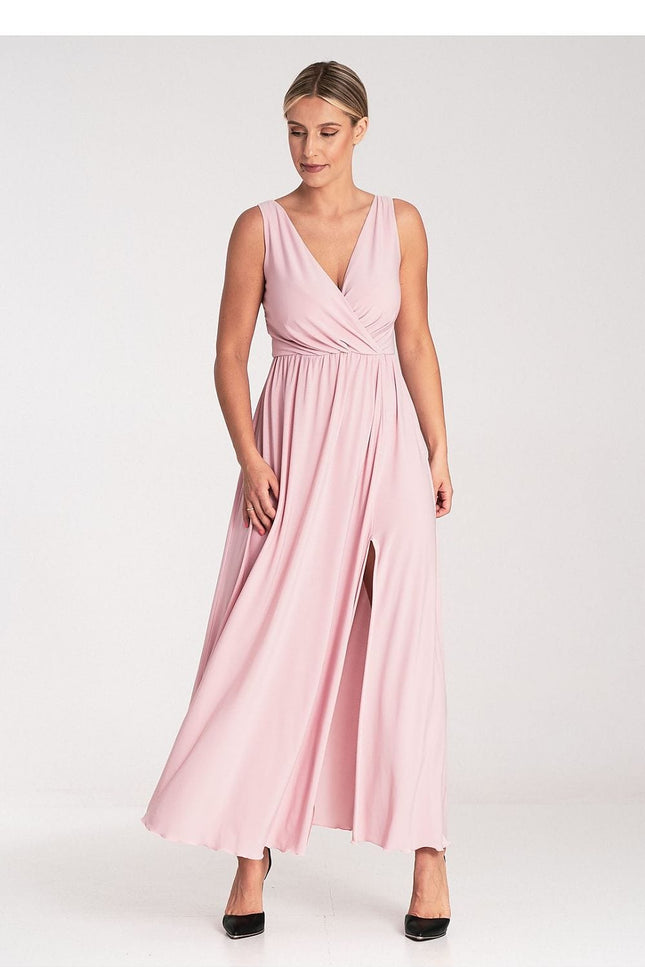 Robe rose poudré longue style élégant pour soirée cocktail avec décolleté en V et sans manches