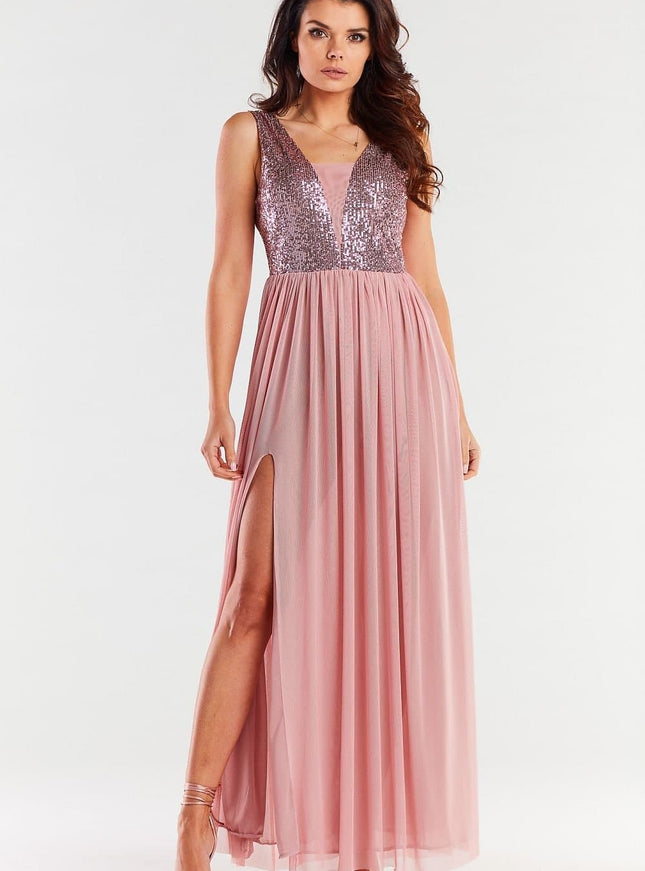 Robe soirée paillette rose longue élégante avec fente, parfaite pour gala ou mariage.