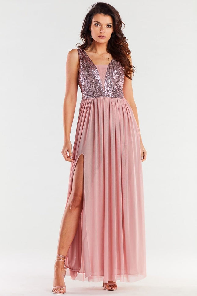 Robe soirée paillette rose longue élégante avec fente, parfaite pour gala ou mariage.