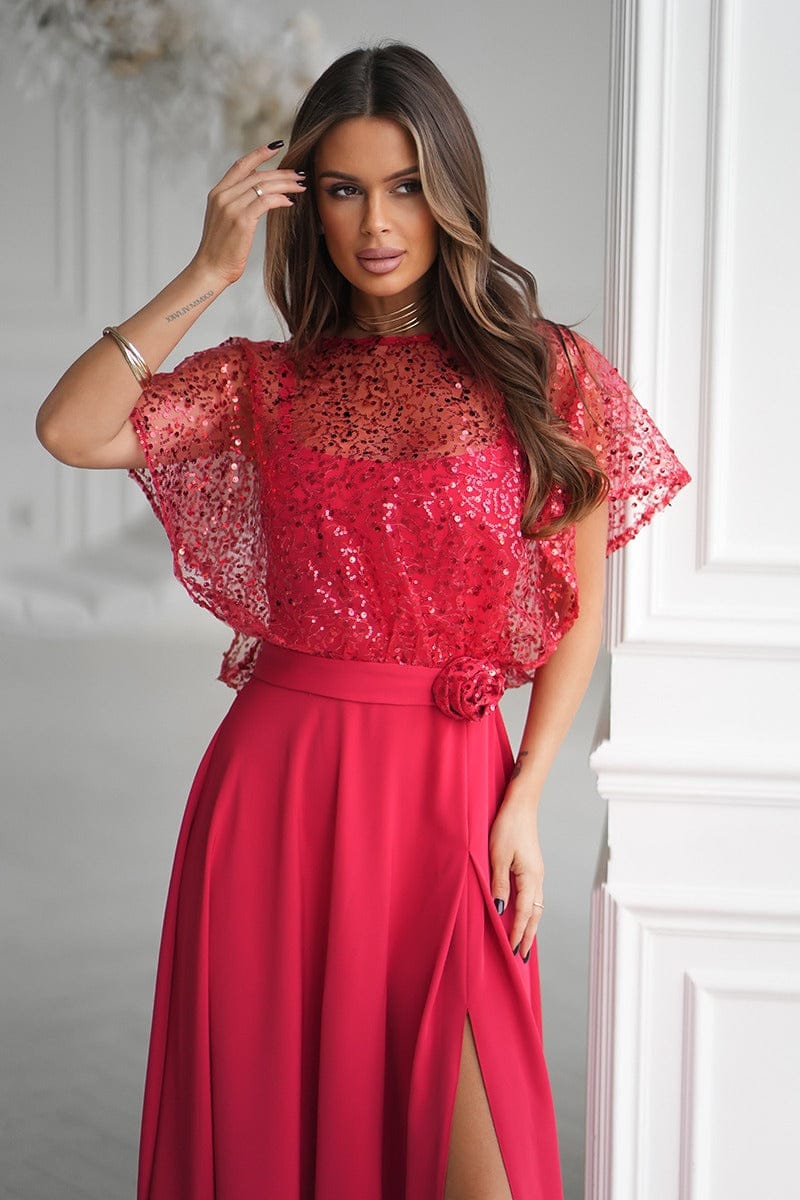 Robe de soirée rouge chic avec boléro à sequins