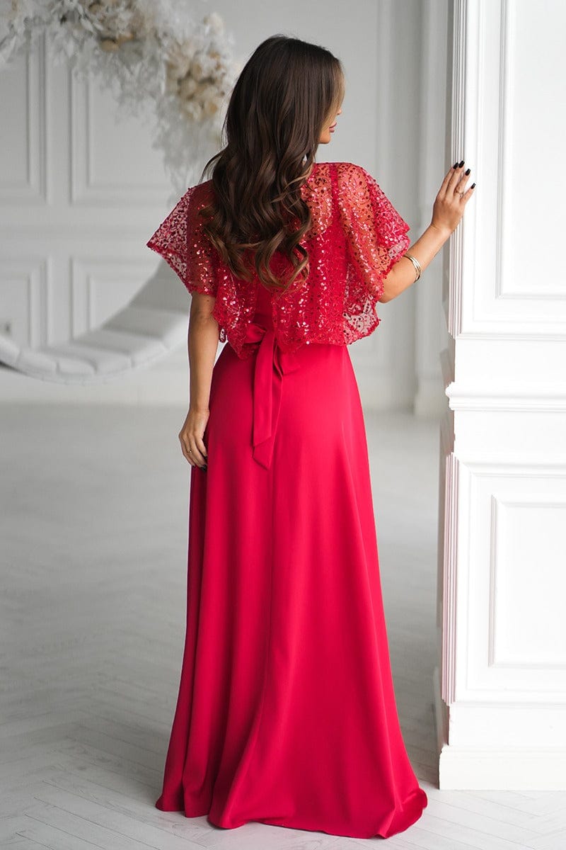 Robe de soirée rouge chic avec boléro à sequins