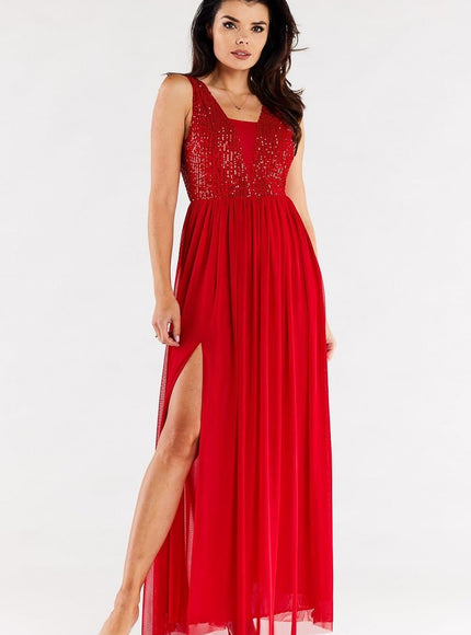 Robe de soirée rouge longue à sequins, style chic et élégant, idéale pour gala ou événement festif.