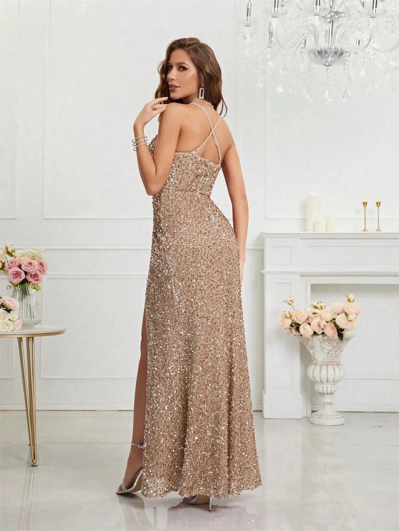 robe de soirée cocktail sexy moulante en sequin longue sans manches fendue élégante noire