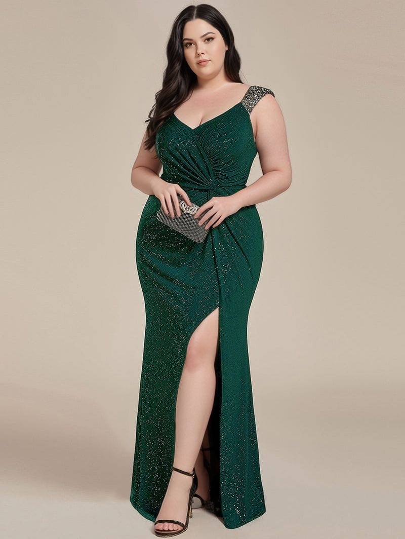 Robe de soirée verte fendue grande taille