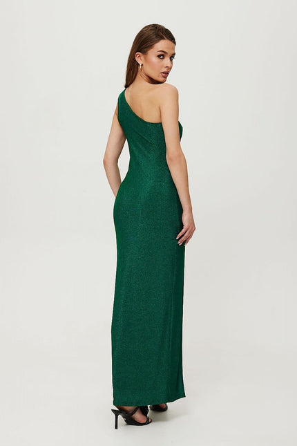 Robe soirée verte longue élégante pour femme, sans manches avec dos nu, parfaite pour cocktail et galas.