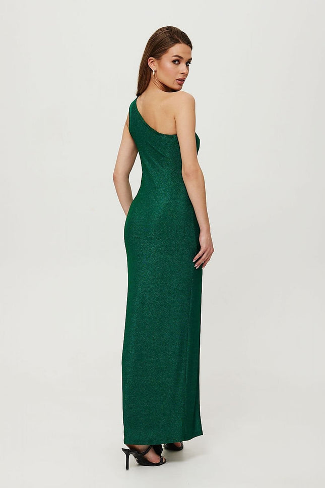 Robe soirée verte longue élégante pour femme, sans manches avec dos nu, parfaite pour cocktail et galas.