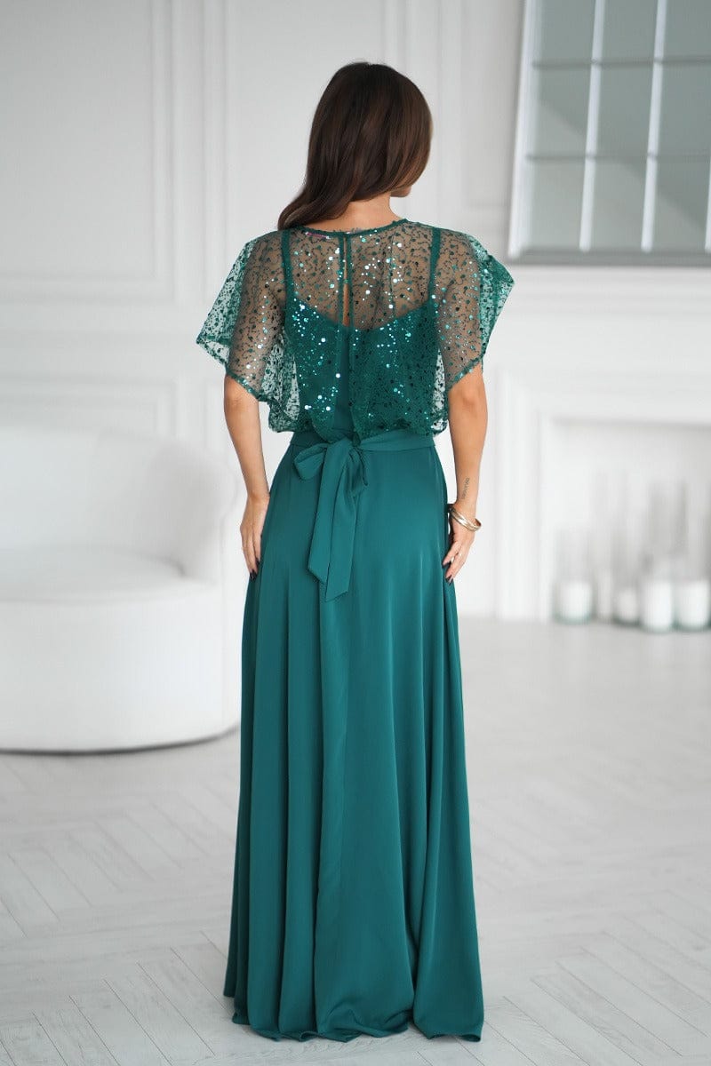 Robe de soirée verte longue avec boléro à sequins