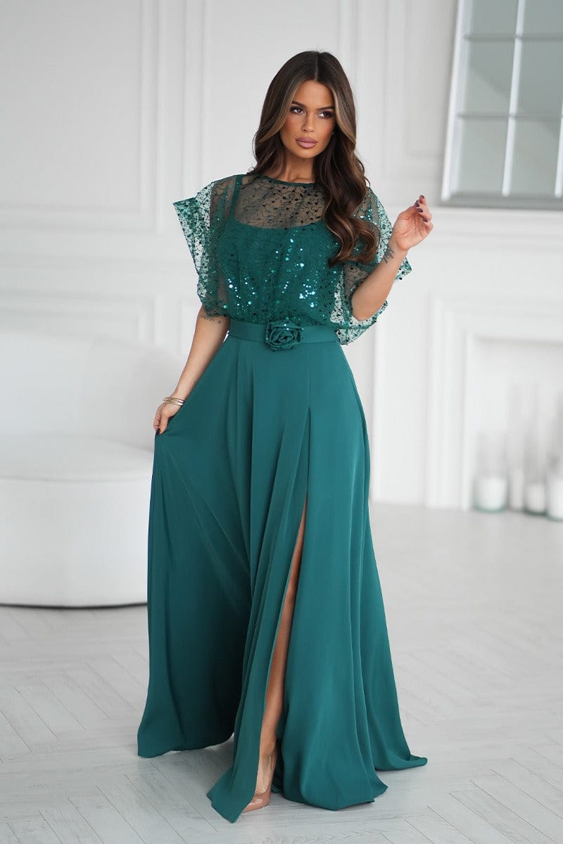 Robe de soirée verte longue avec boléro à sequins