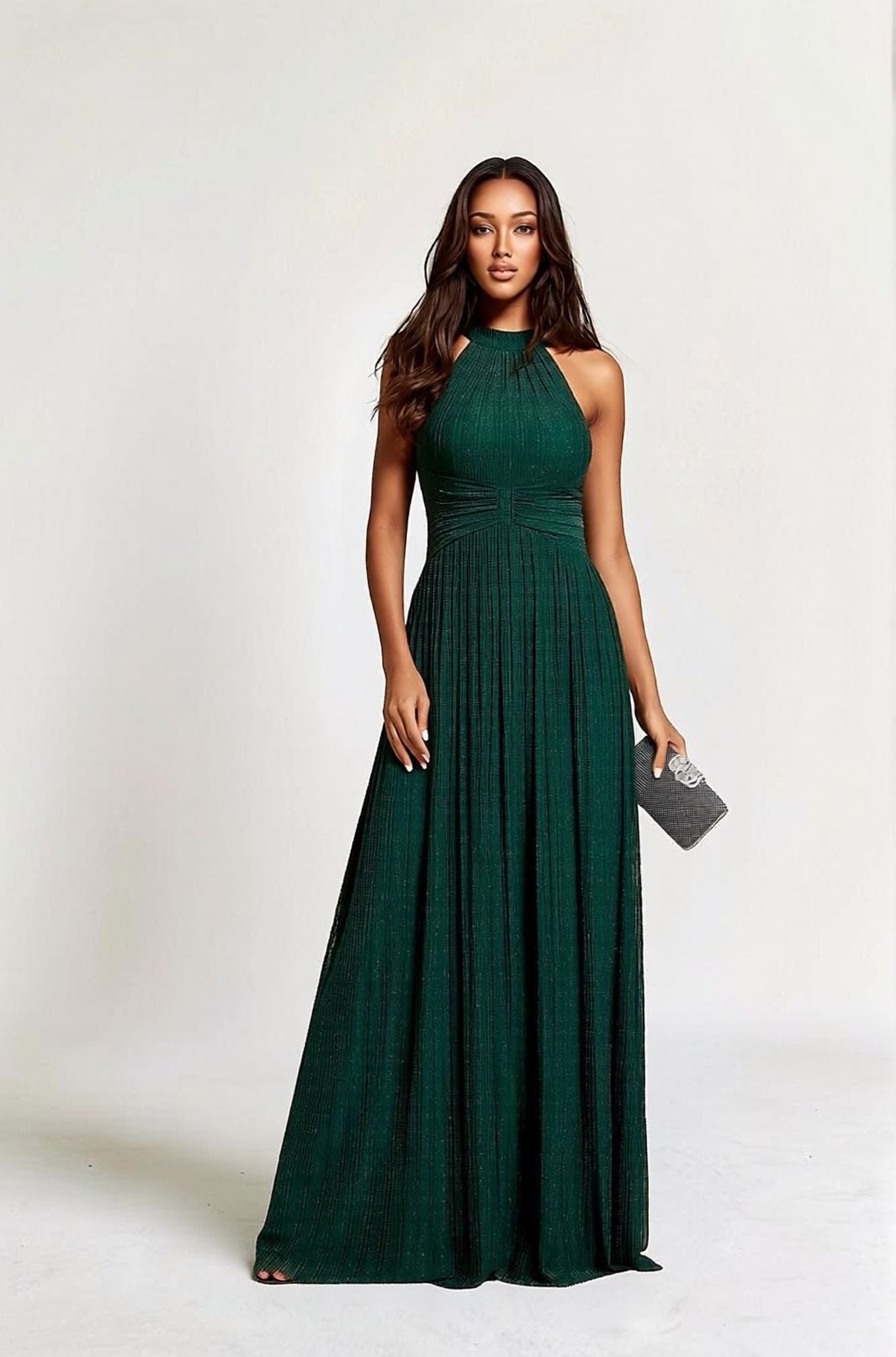 Robe de soirée verte pailletée à col licou