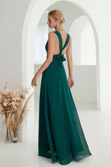 "Robe demoiselle d'honneur verte longue sans manches avec nœud, élégante pour mariage"