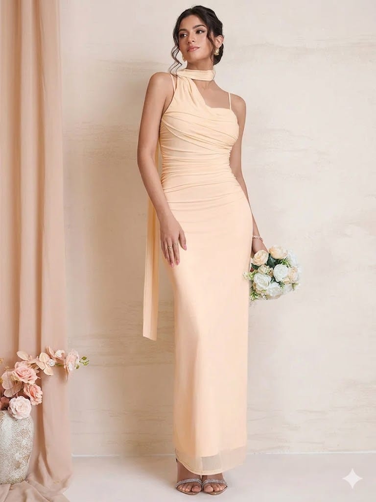 Robe demoiselle d'honneur beige longue moulante