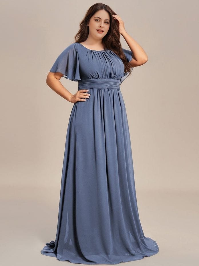 Robe demoiselle d'honneur bleue grande taille manches courtes