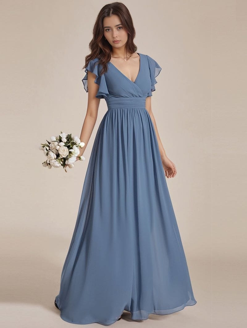 Robe demoiselle d'honneur bleue longue avec ceinture et volants