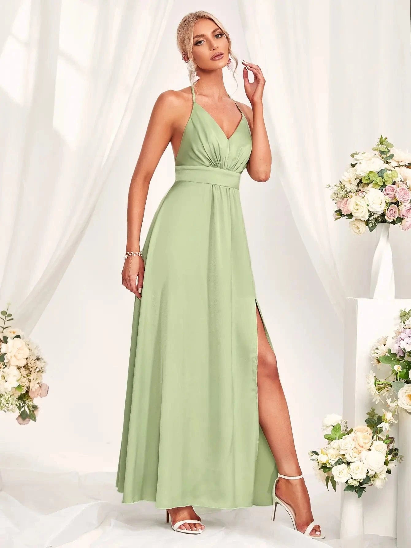 robe demoiselle d'honneur bohème mariage invité couleur menthe longue fluide sans manches élégante