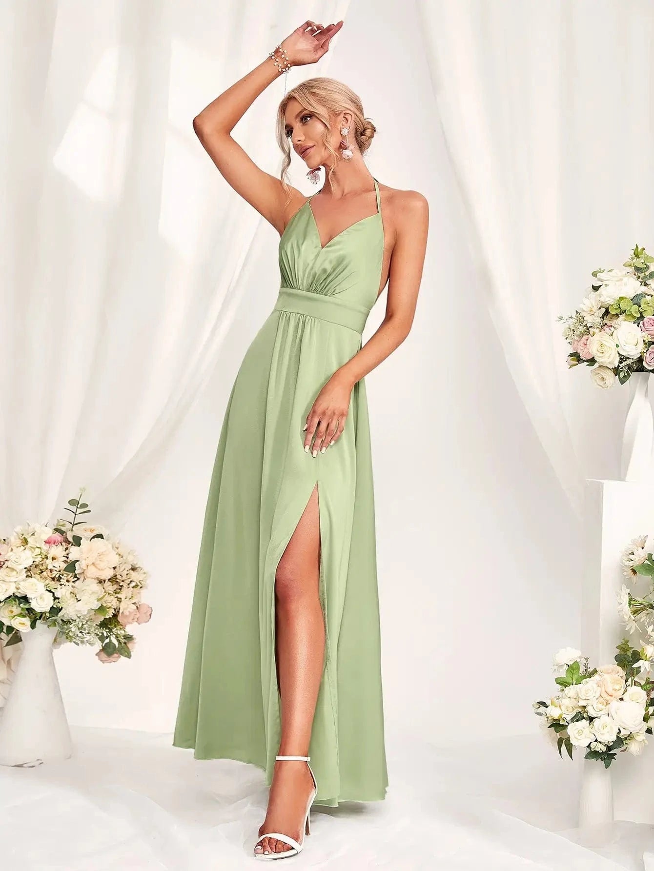 robe demoiselle d'honneur bohème longue verte trapèze sans manches pour mariage invité d'été