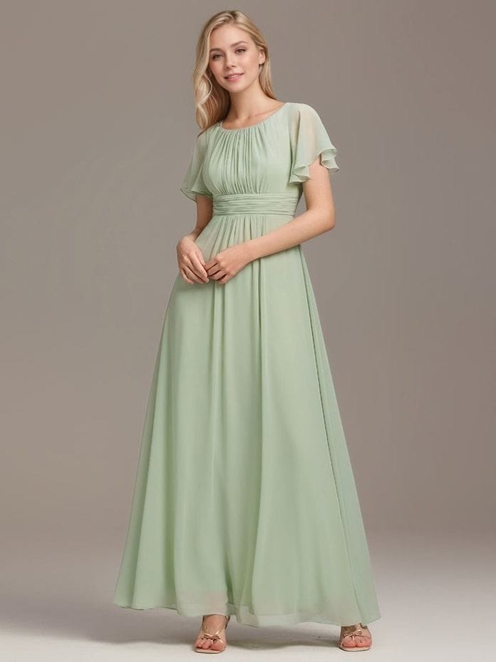Robe demoiselle d'honneur longue drappée vert sauge fluide