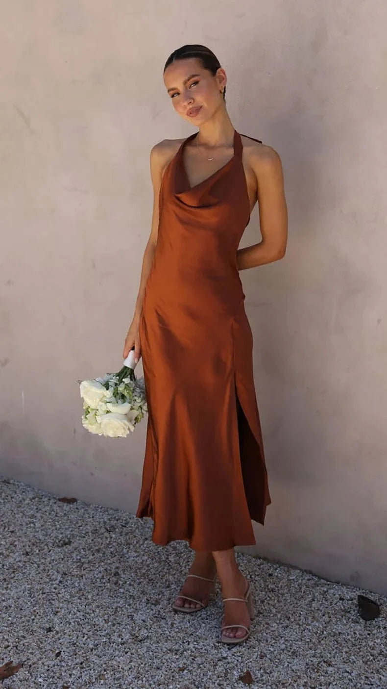 robe demoiselle d'honneur midi dos nu chic pour mariage invité, coupe trapèze élégante sans manches