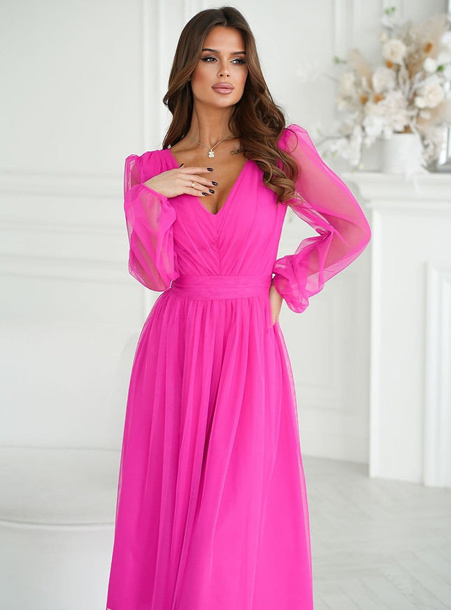 Robe rose chic midi soirée manches longues pour un évènement élégant ou cocktail, idéale pour une allure sophistiquée.