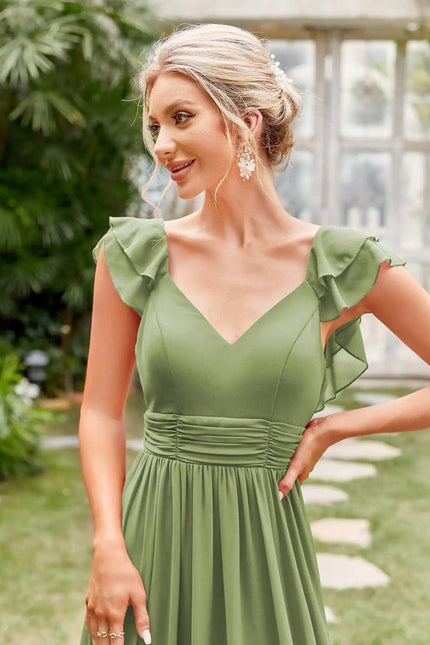 Robe demoiselle d'honneur terracotta verte, style bohème chic avec épaules dénudées et longueur midi parfaite pour mariages et cocktails.