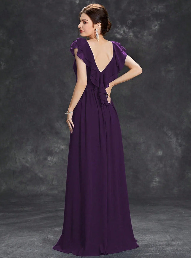 Robe demoiselle d'honneur terracotta longue avec manches volantes, couleur violette, style élégant et dos en V.